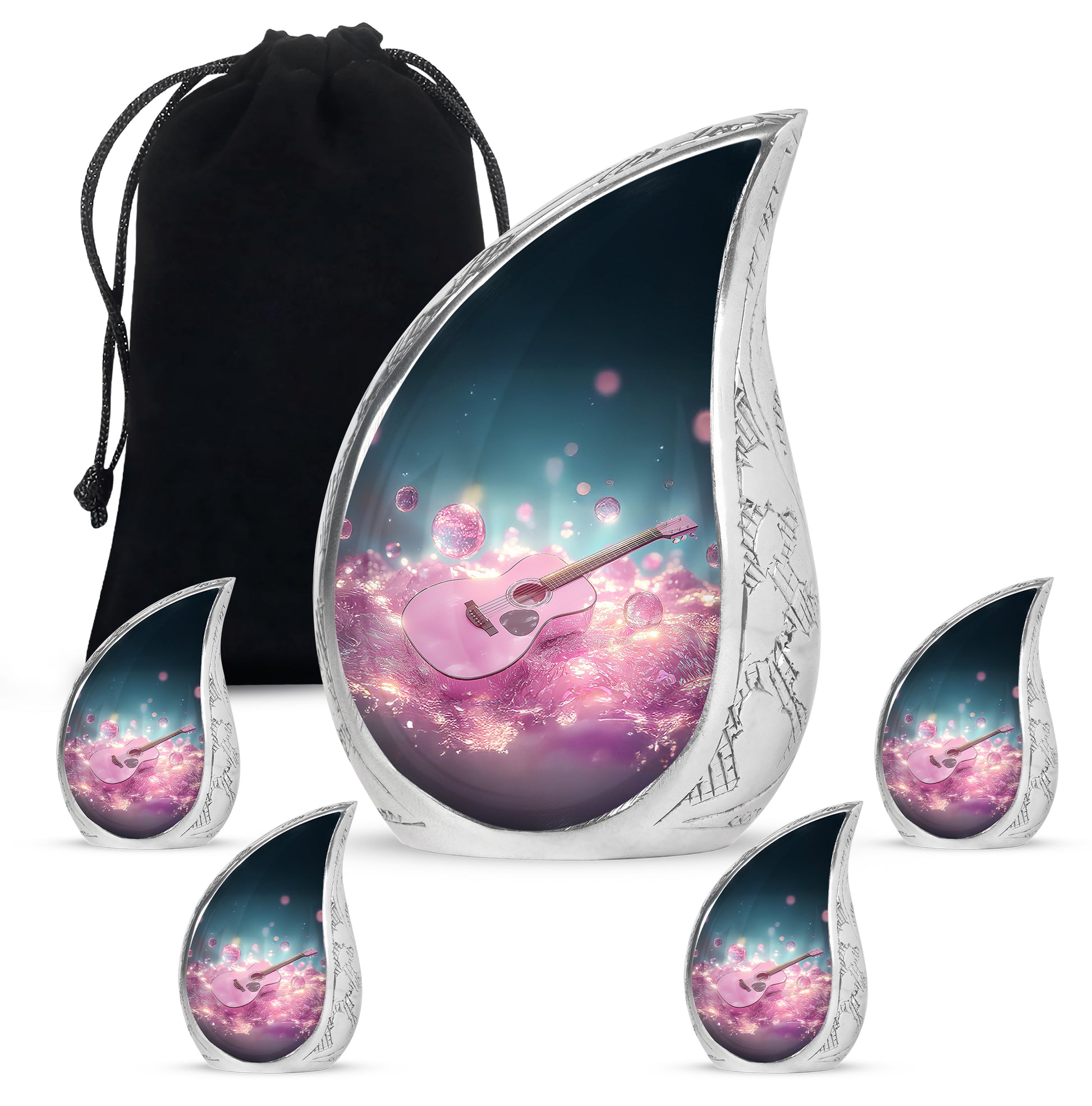 Slate Blue Guitar Cremation Urn side profile showing urn shape - rounded teardrop guitar design with delicate detail - memorial set with one large and four small urns