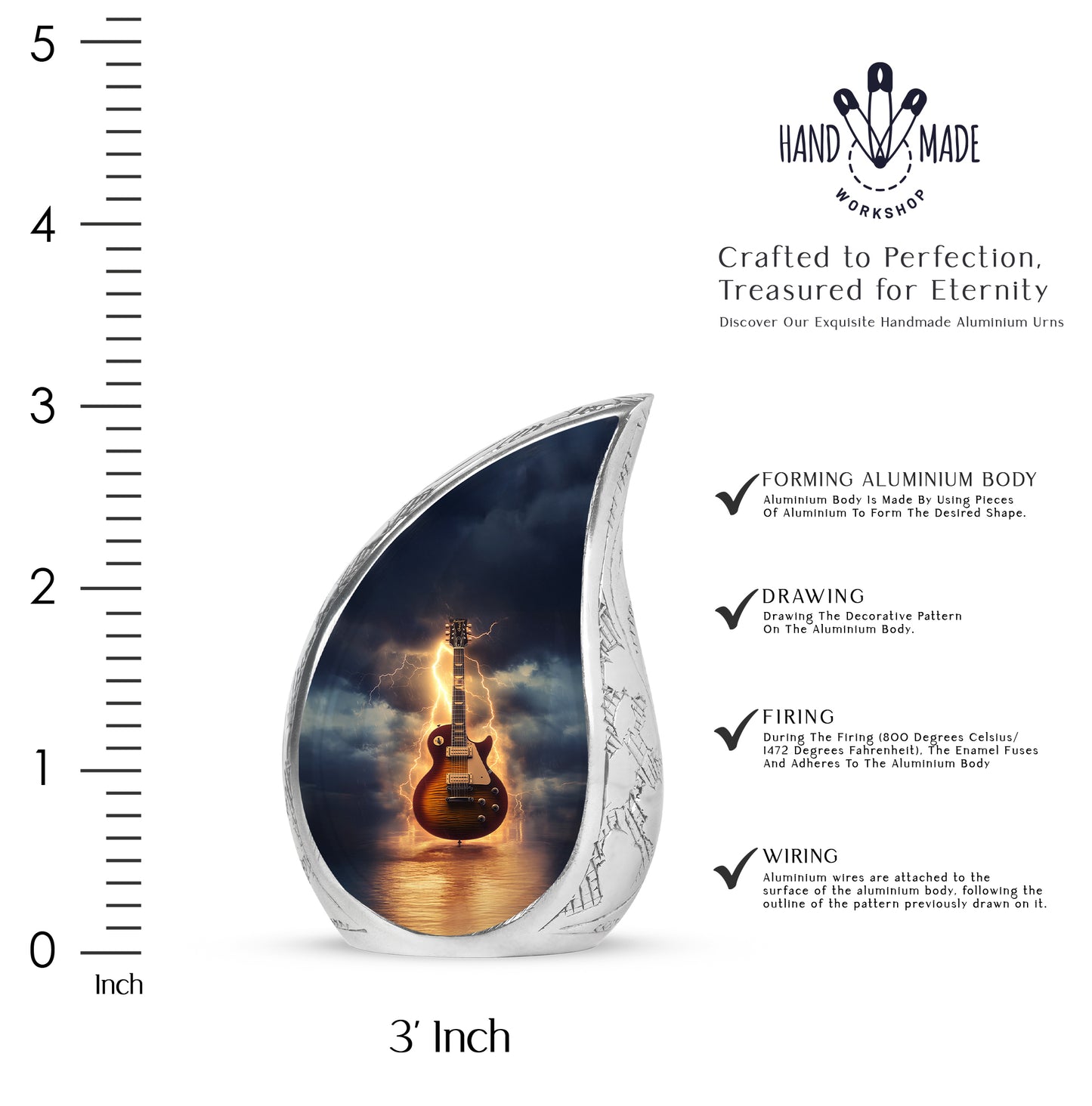 Vivid Blue Guitar Cremation Urn angled view of lid and engraved motif - smooth teardrop contour featuring guitar art - mini keepsake memorial for portion of cremation ashes