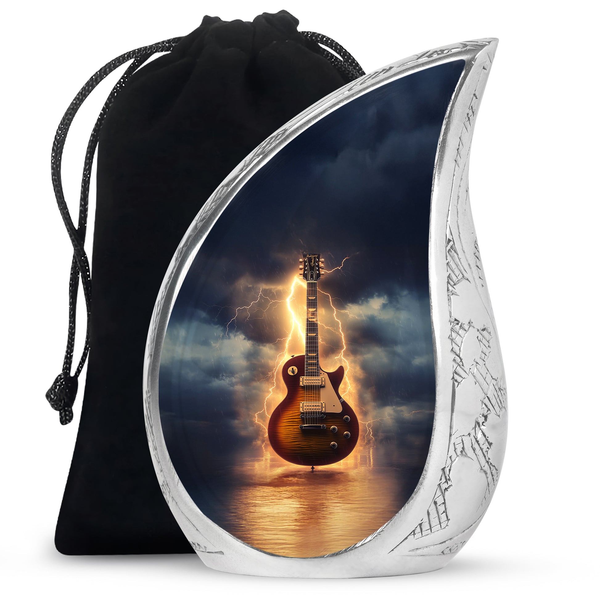 Cornflower Blue Guitar Cremation Urn front view showing detailed design - smooth teardrop contour featuring guitar art - full-size 10 inch 200 cubic inch adult cremation urn