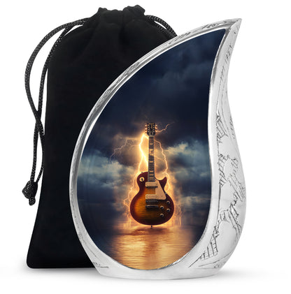 Cornflower Blue Guitar Cremation Urn front view showing detailed design - smooth teardrop contour featuring guitar art - full-size 10 inch 200 cubic inch adult cremation urn