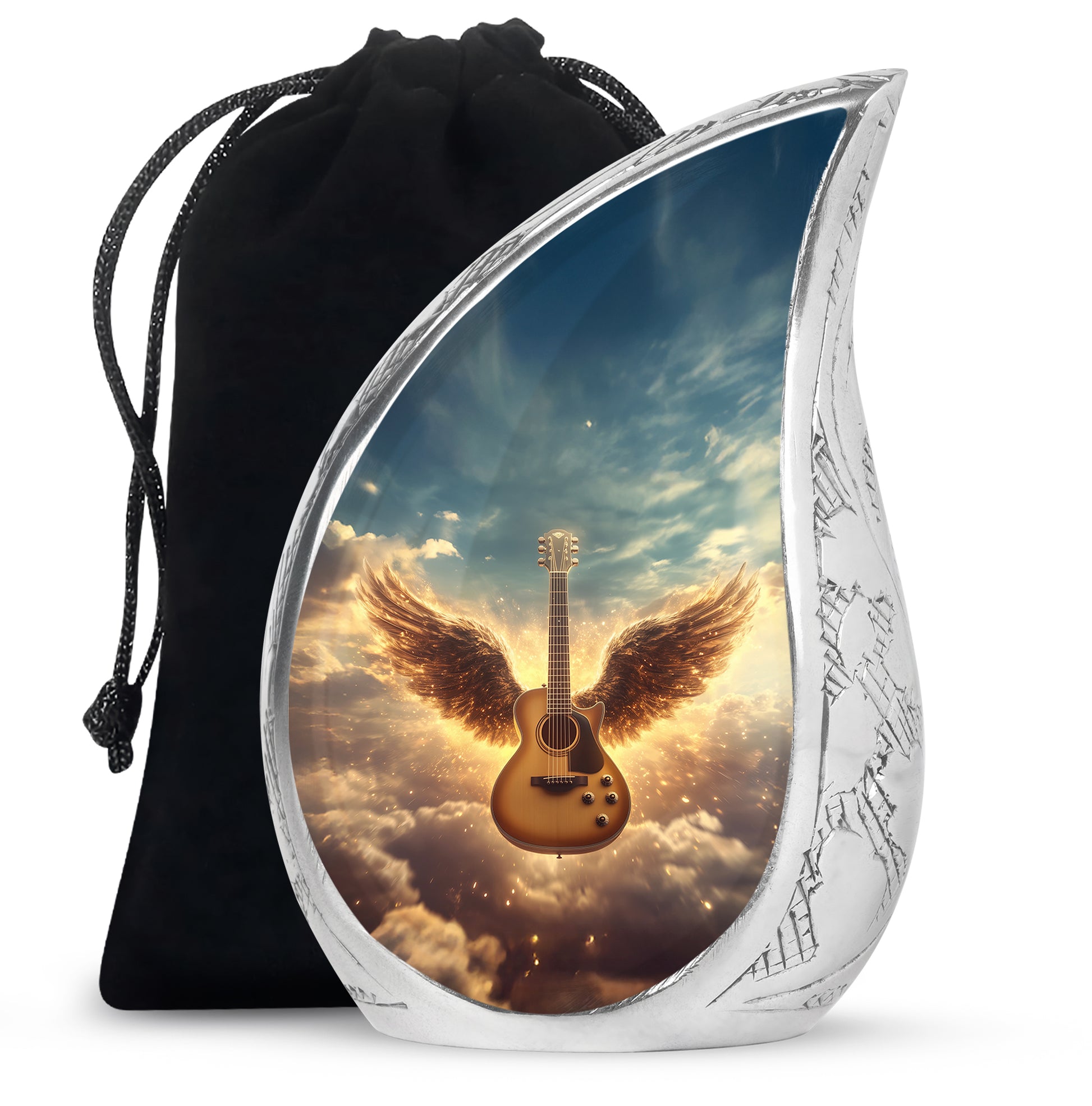 Serene Blue Guitar Cremation Urn front view showing detailed design - smooth teardrop contour featuring guitar art - full-size 10 inch 200 cubic inch adult cremation urn