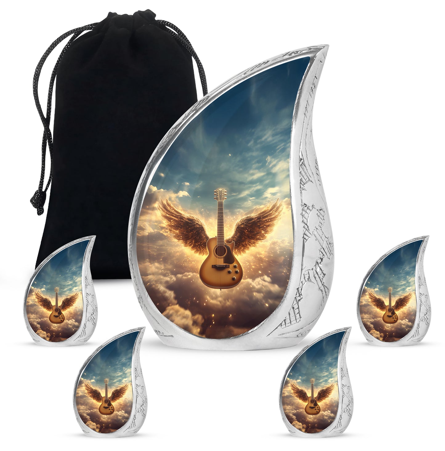 Royal Blue Guitar Cremation Urn side profile showing urn shape - smooth teardrop contour featuring guitar art - memorial set with one large and four small urns
