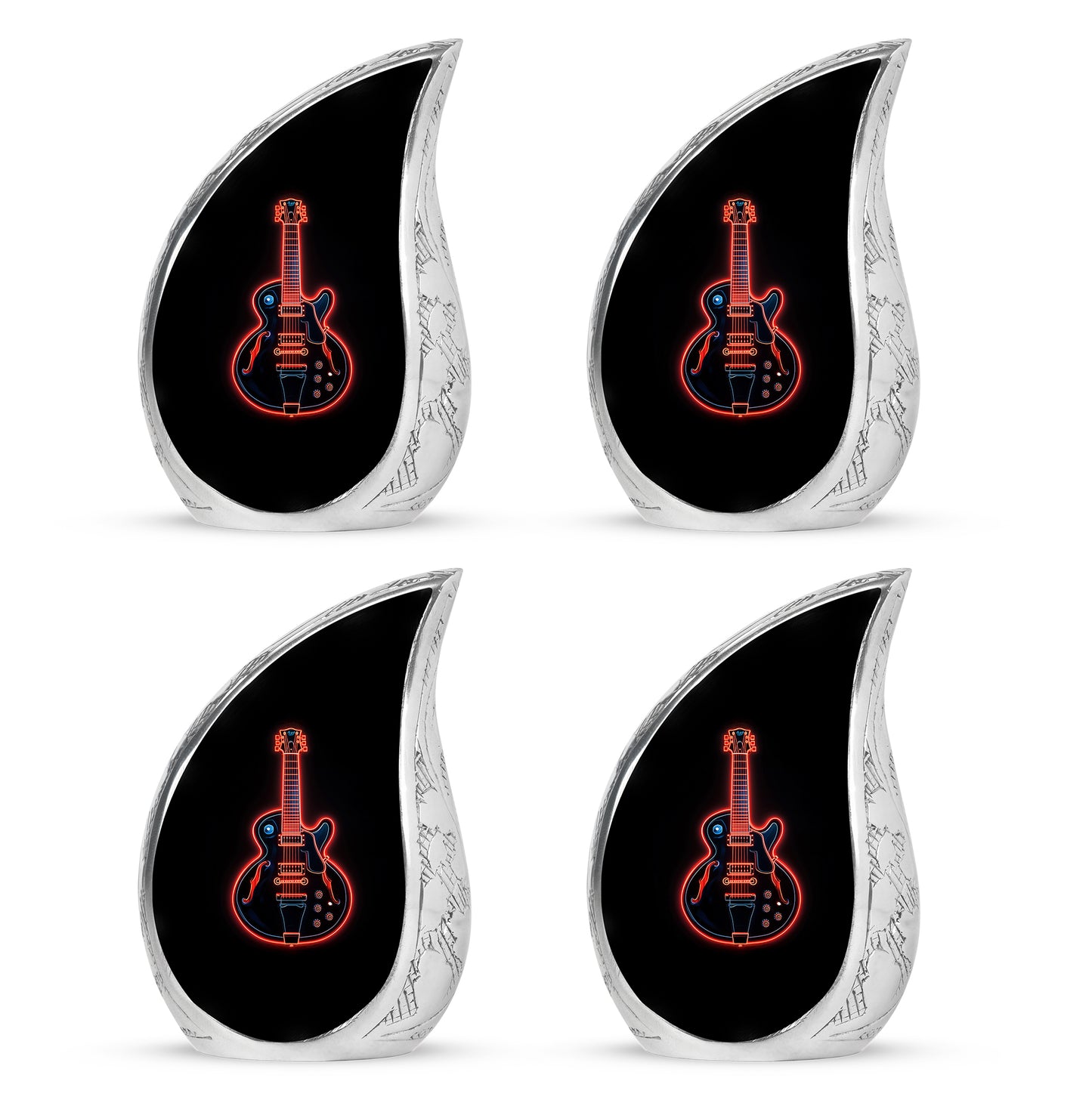 Charcoal Black Guitar Cremation Urn close-up of engraving and surface detail - smooth teardrop contour featuring guitar art - 10 inch aluminum urn for cremated remains