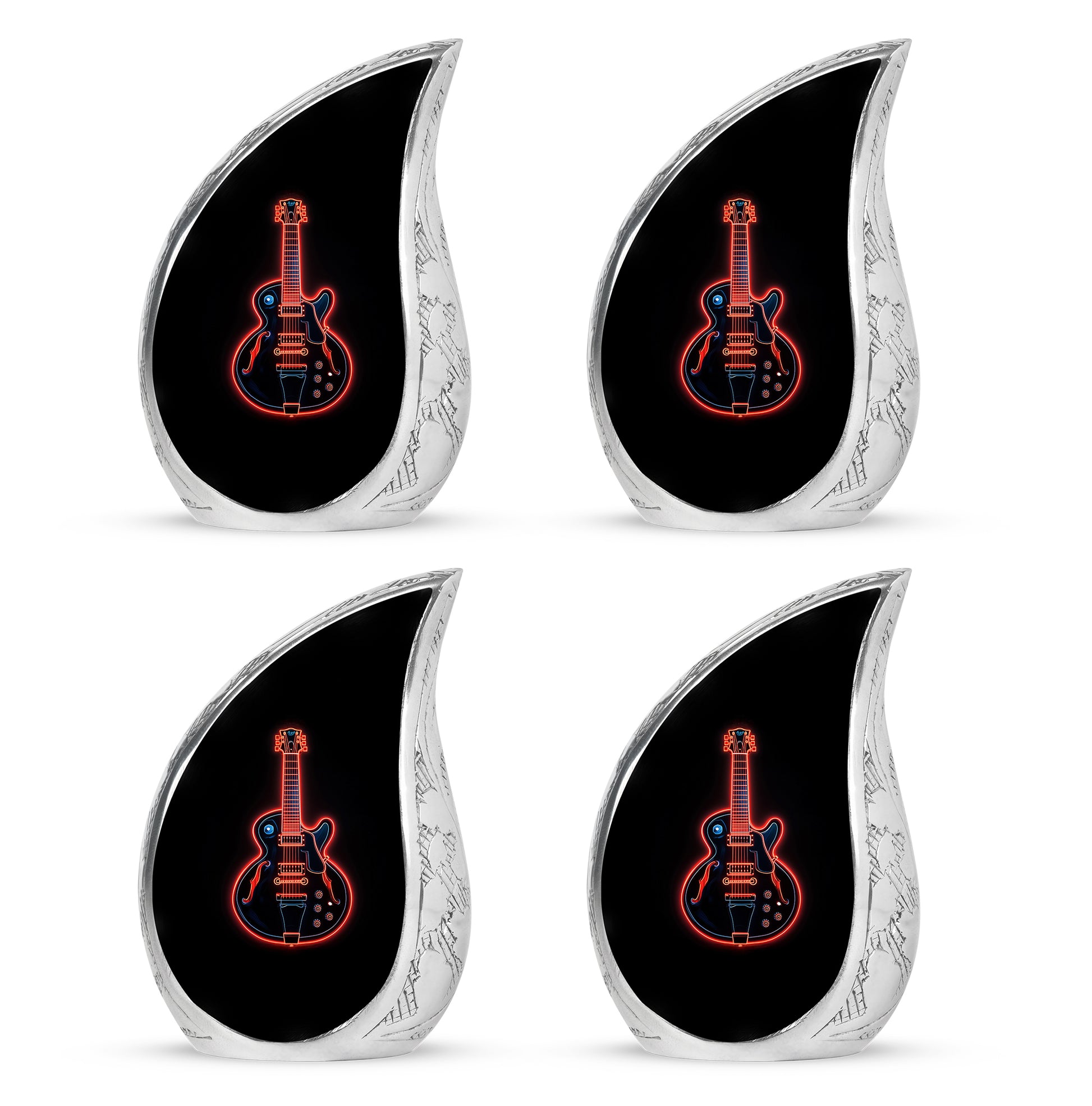 Charcoal Black Guitar Cremation Urn close-up of engraving and surface detail - smooth teardrop contour featuring guitar art - 10 inch aluminum urn for cremated remains