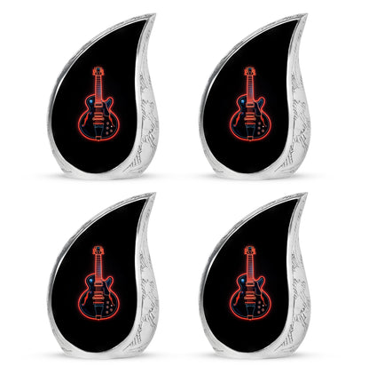 Charcoal Black Guitar Cremation Urn close-up of engraving and surface detail - smooth teardrop contour featuring guitar art - 10 inch aluminum urn for cremated remains