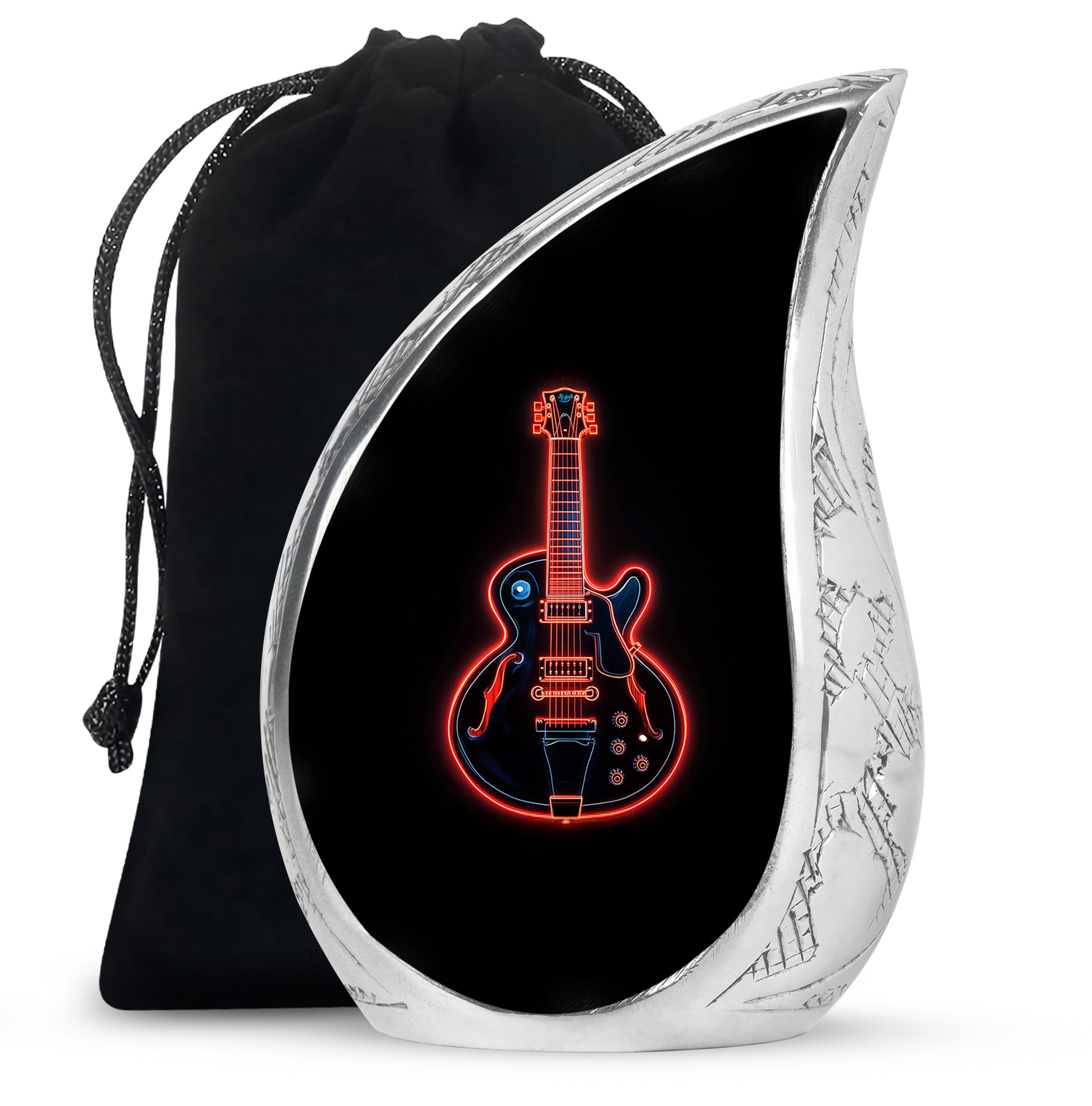 Charcoal Black Guitar Cremation Urn front view showing detailed design - graceful tear-shaped urn with guitar motif - full-size 10 inch 200 cubic inch adult cremation urn