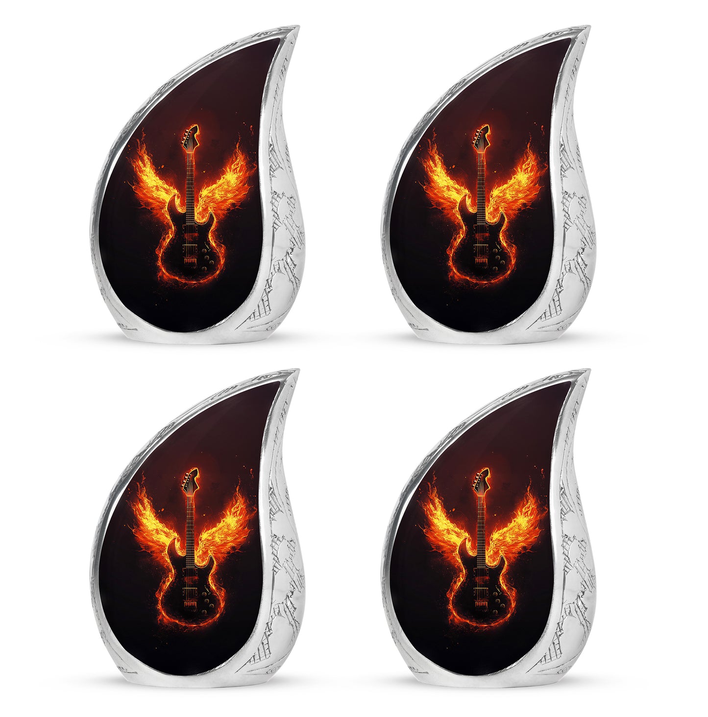 Jet Black Guitar Cremation Urn close-up of engraving and surface detail - rounded teardrop guitar design with delicate detail - 10 inch aluminum urn for cremated remains