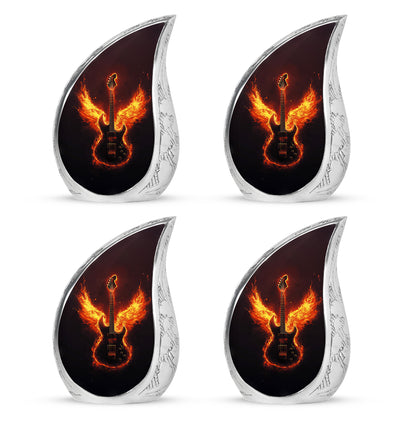 Jet Black Guitar Cremation Urn close-up of engraving and surface detail - rounded teardrop guitar design with delicate detail - 10 inch aluminum urn for cremated remains