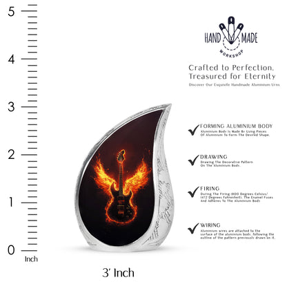 Dark Black Guitar Cremation Urn angled view of lid and engraved motif - graceful tear-shaped urn with guitar motif - mini keepsake memorial for portion of cremation ashes