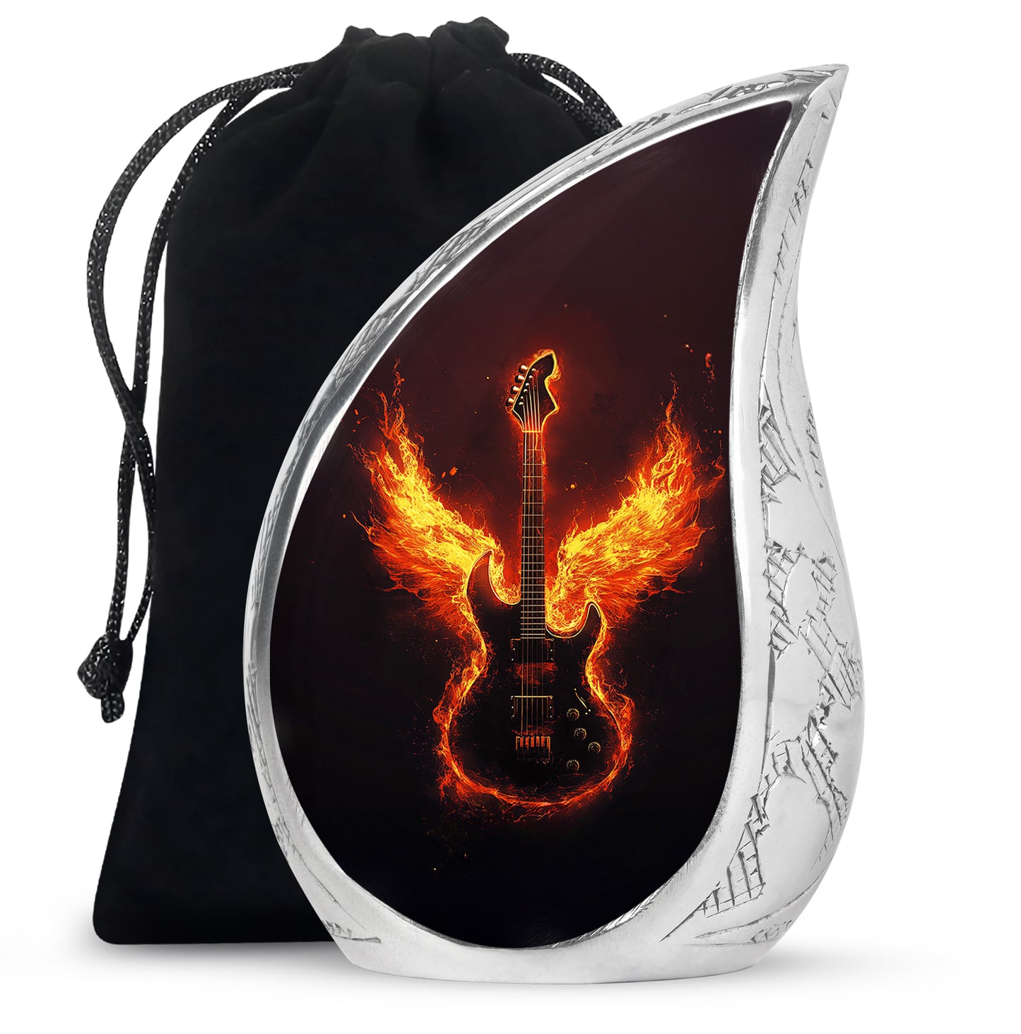 Ebony Guitar Cremation Urn front view showing detailed design - flowing teardrop guitar silhouette on curved aluminum - full-size 10 inch 200 cubic inch adult cremation urn