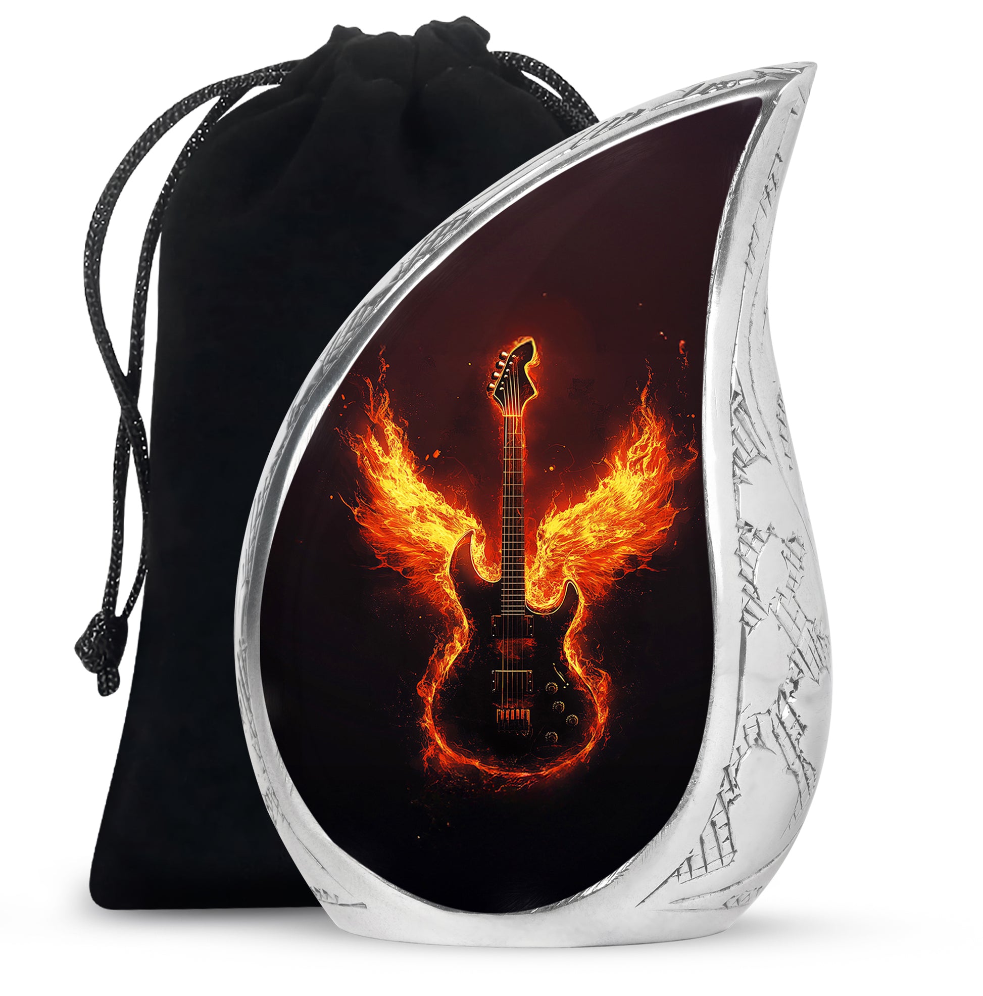 Ebony Guitar Cremation Urn front view showing detailed design - flowing teardrop guitar silhouette on curved aluminum - full-size 10 inch 200 cubic inch adult cremation urn