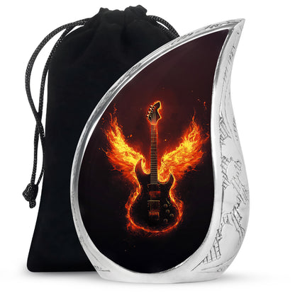 Ebony Guitar Cremation Urn front view showing detailed design - flowing teardrop guitar silhouette on curved aluminum - full-size 10 inch 200 cubic inch adult cremation urn