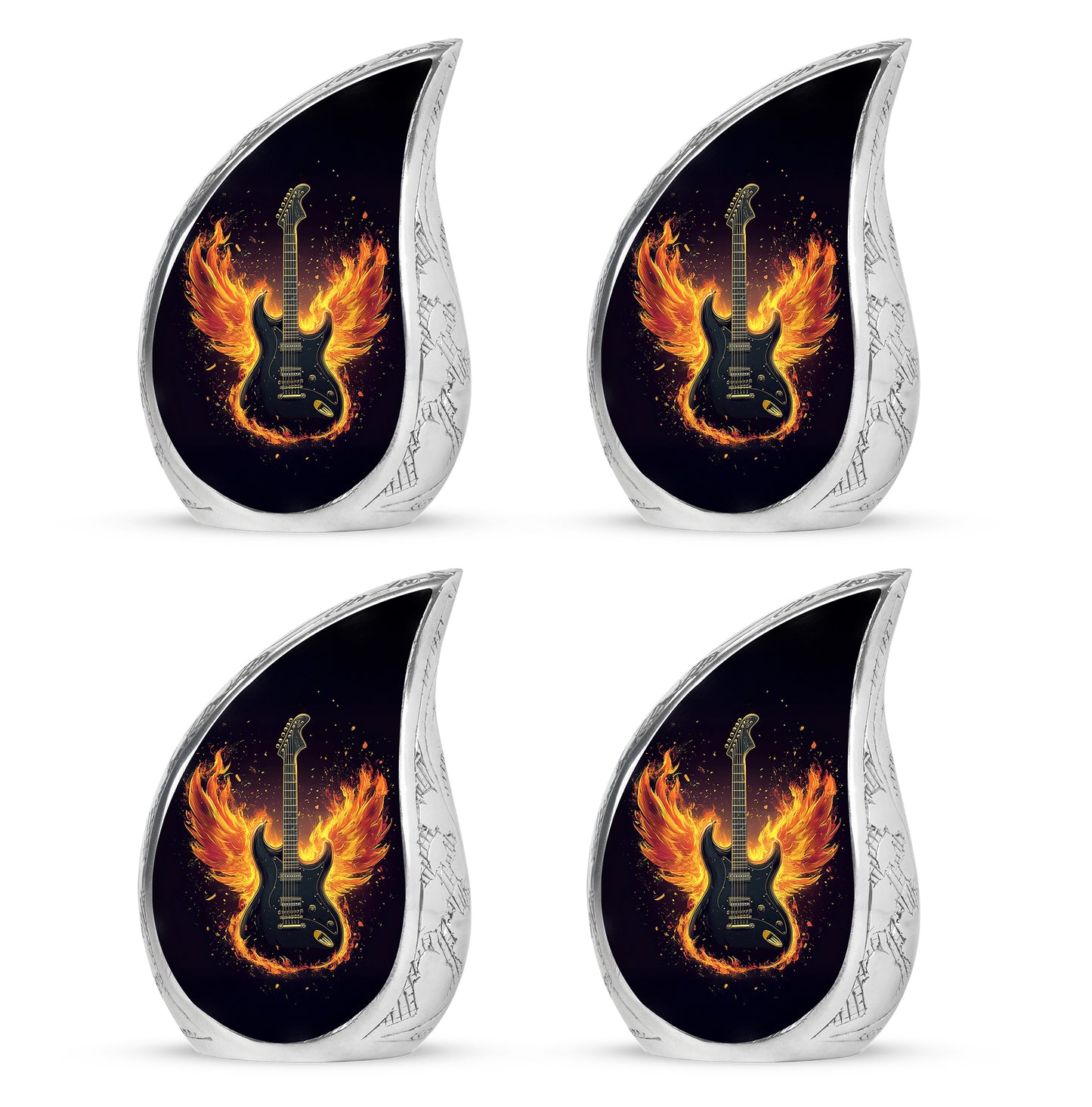 Obsidian Black Guitar Cremation Urn close-up of engraving and surface detail - smooth teardrop contour featuring guitar art - 10 inch aluminum urn for cremated remains