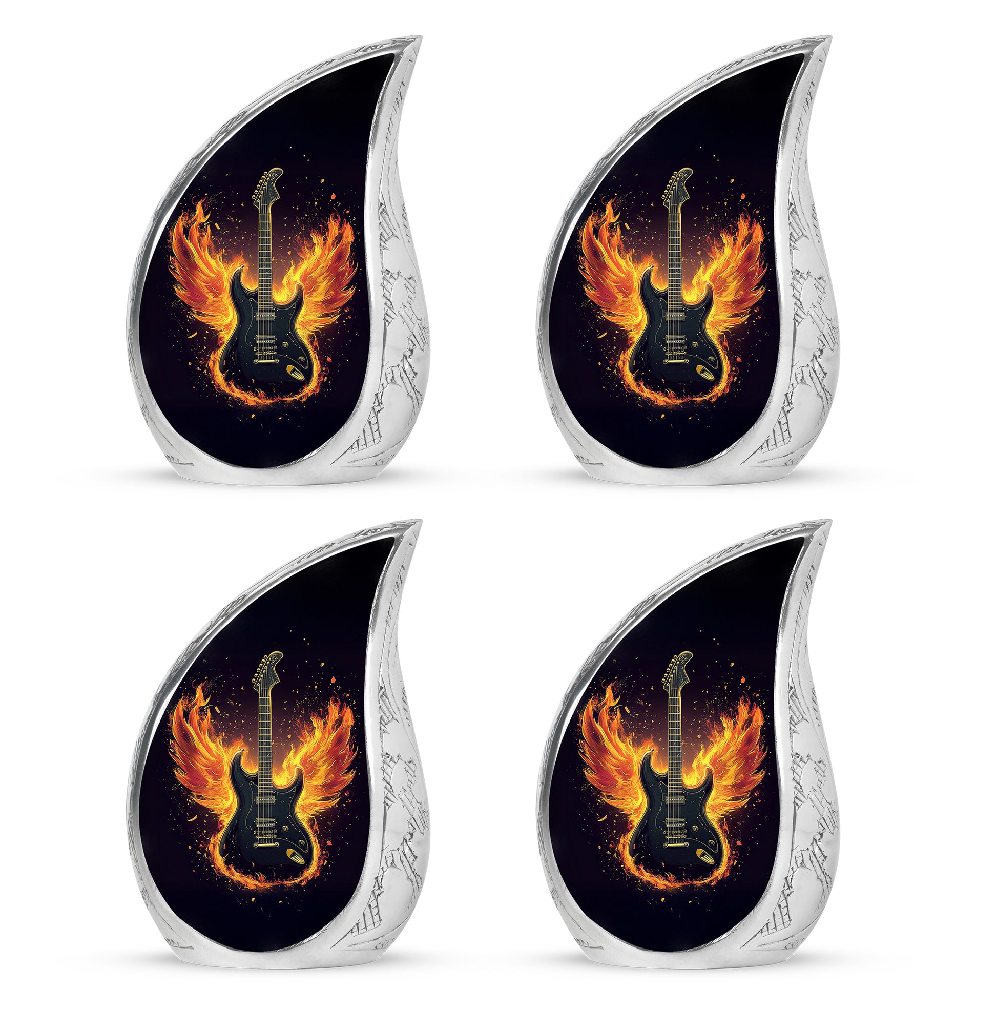 Obsidian Black Guitar Cremation Urn close-up of engraving and surface detail - smooth teardrop contour featuring guitar art - 10 inch aluminum urn for cremated remains