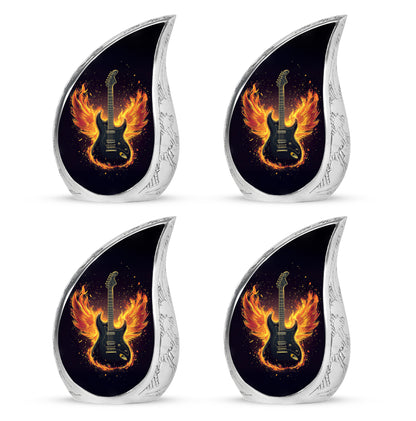 Obsidian Black Guitar Cremation Urn close-up of engraving and surface detail - smooth teardrop contour featuring guitar art - 10 inch aluminum urn for cremated remains