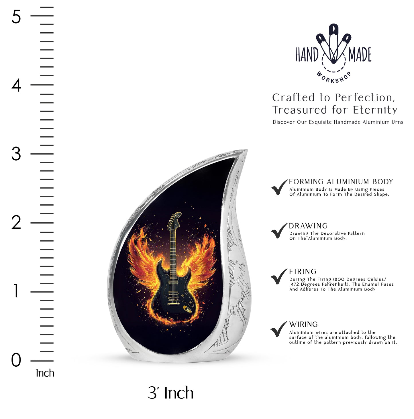 Rich Black Guitar Cremation Urn angled view of lid and engraved motif - flowing teardrop guitar silhouette on curved aluminum - mini keepsake memorial for portion of cremation ashes