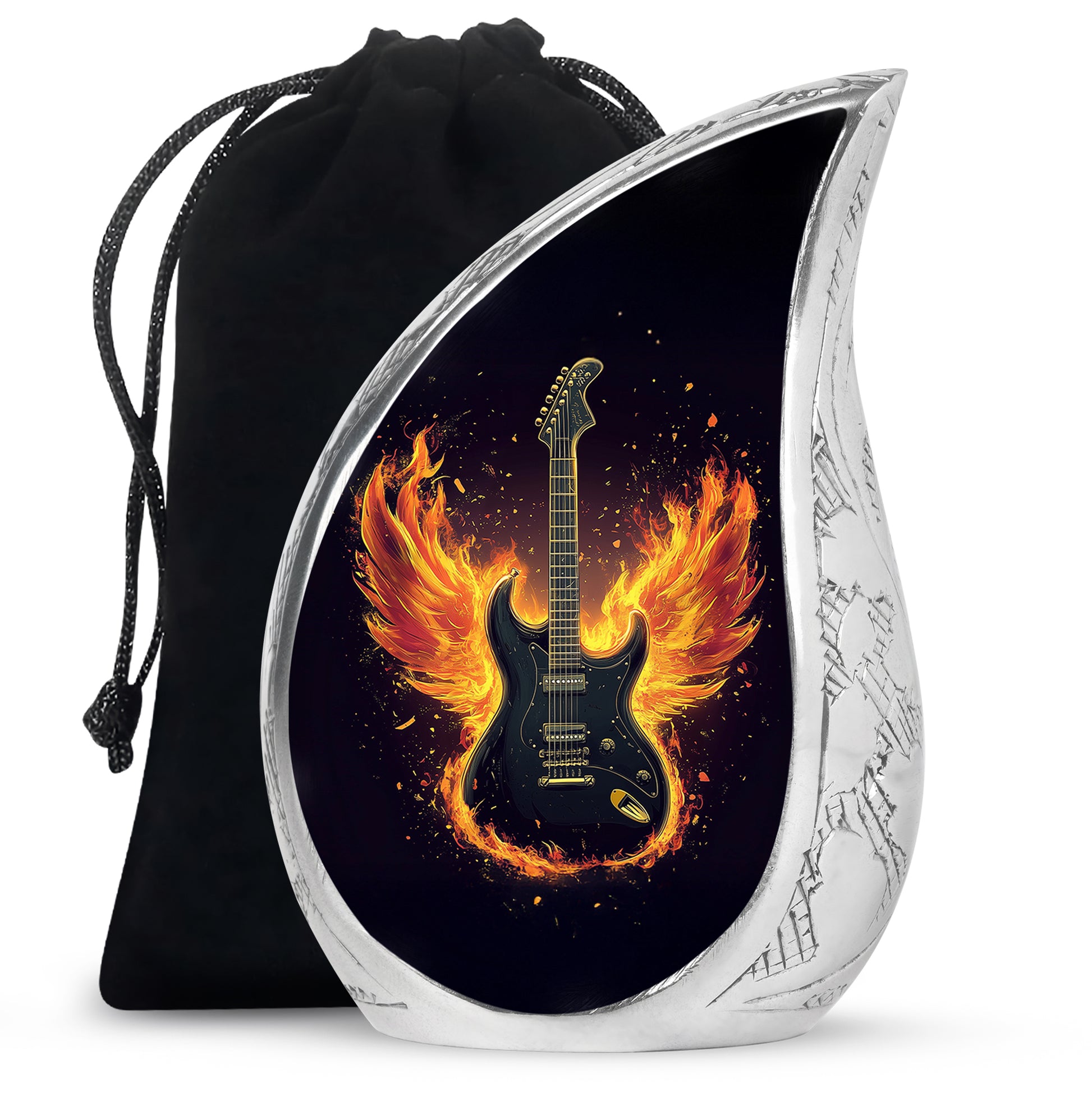 Rich Black Guitar Cremation Urn front view showing detailed design - rounded teardrop guitar design with delicate detail - full-size 10 inch 200 cubic inch adult cremation urn
