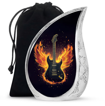 Rich Black Guitar Cremation Urn front view showing detailed design - rounded teardrop guitar design with delicate detail - full-size 10 inch 200 cubic inch adult cremation urn