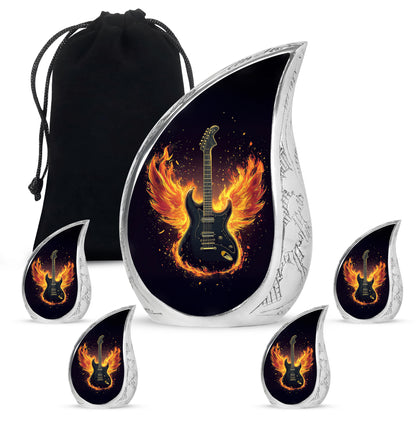 Dark Black Guitar Cremation Urn side profile showing urn shape - graceful tear-shaped urn with guitar motif - memorial set with one large and four small urns