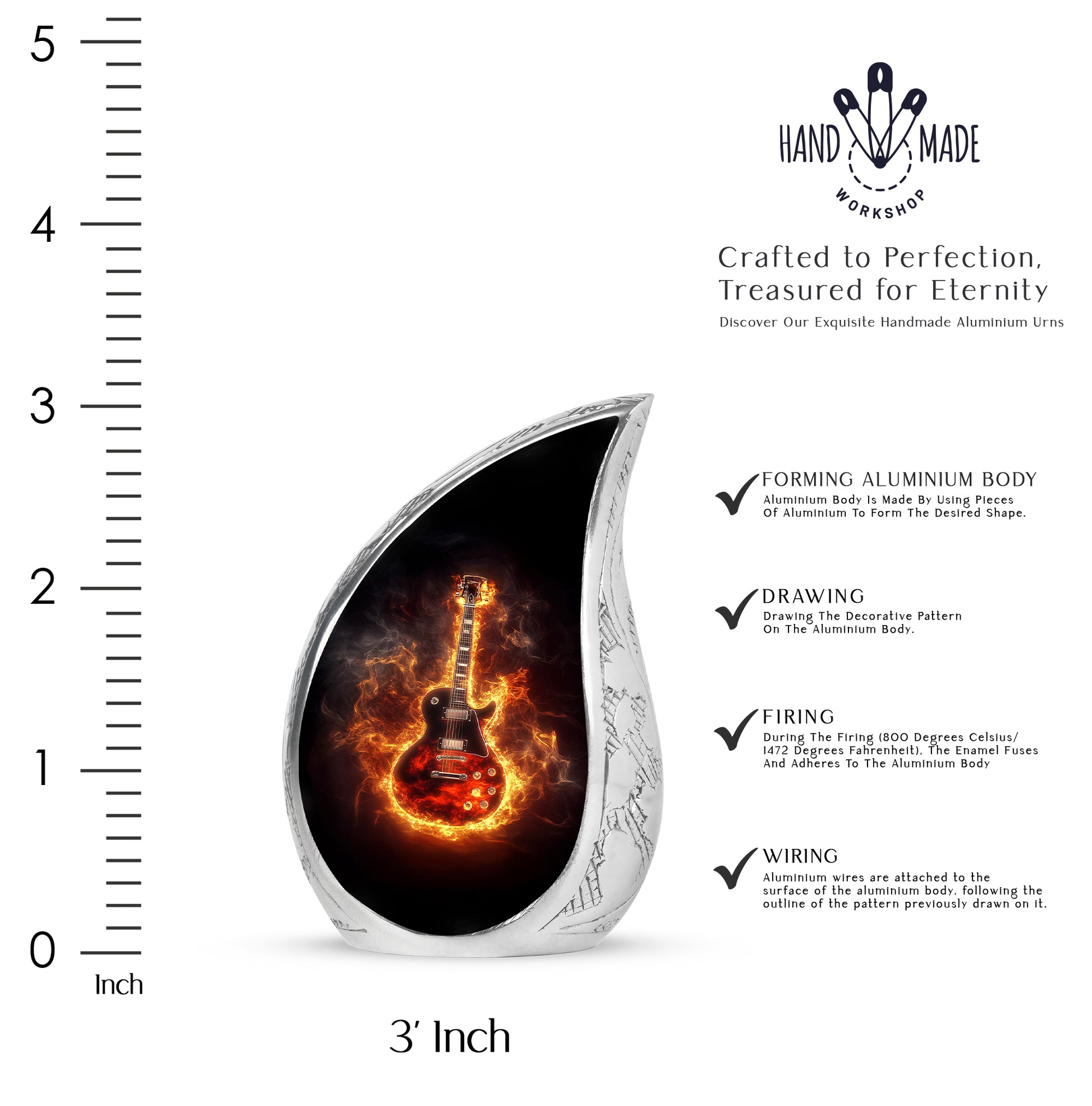 Deep Black Guitar Cremation Urn angled view of lid and engraved motif - flowing teardrop guitar silhouette on curved aluminum - mini keepsake memorial for portion of cremation ashes
