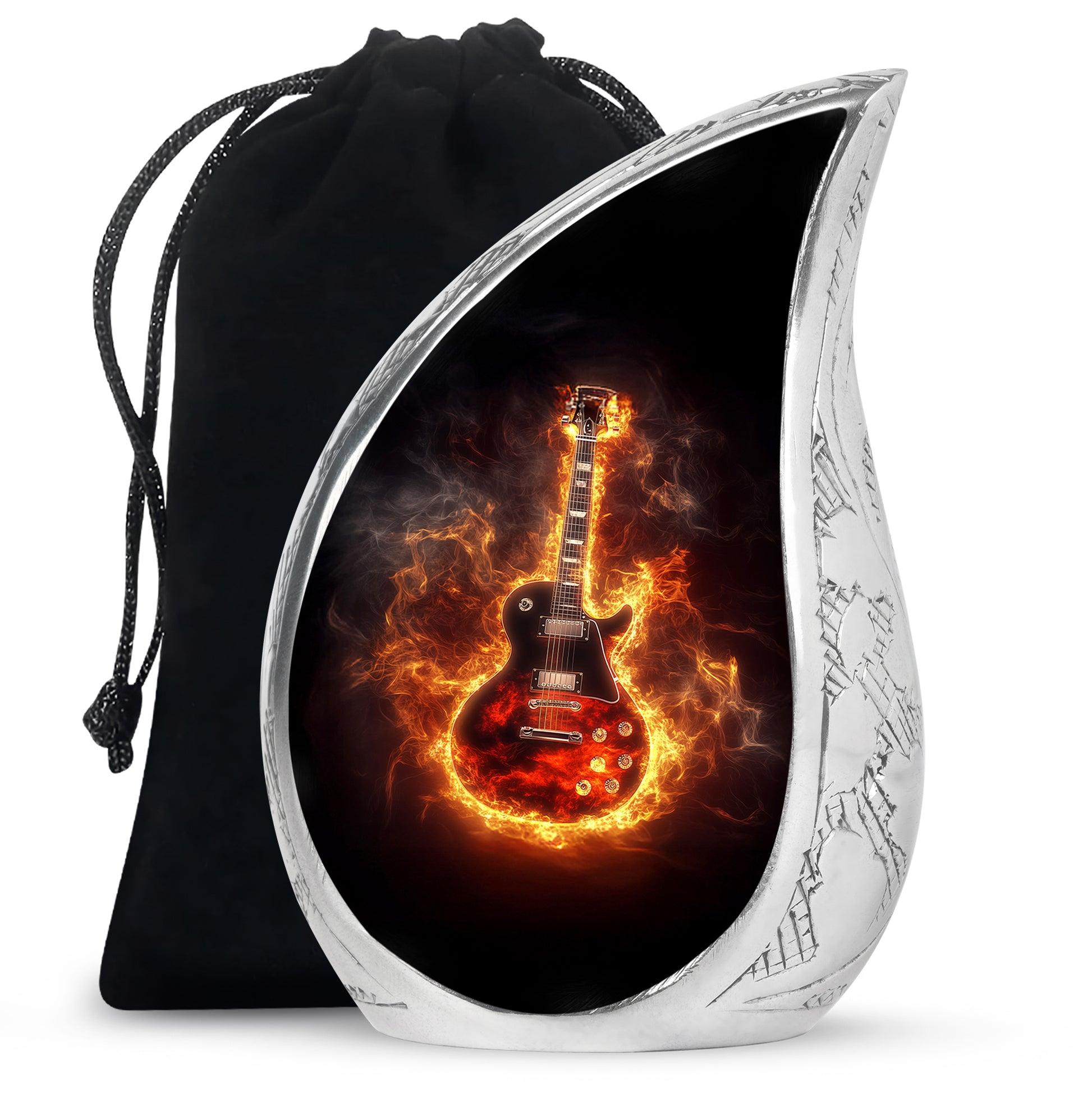 Ebony Guitar Cremation Urn front view showing detailed design - flowing teardrop guitar silhouette on curved aluminum - full-size 10 inch 200 cubic inch adult cremation urn