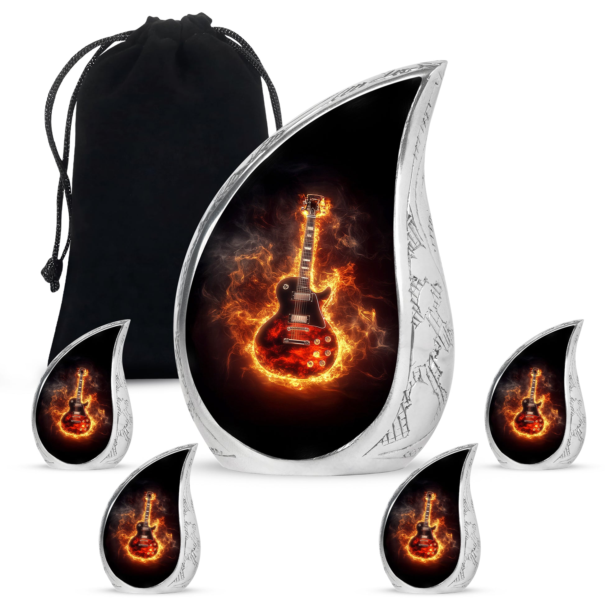 Ebony Guitar Cremation Urn side profile showing urn shape - rounded teardrop guitar design with delicate detail - memorial set with one large and four small urns