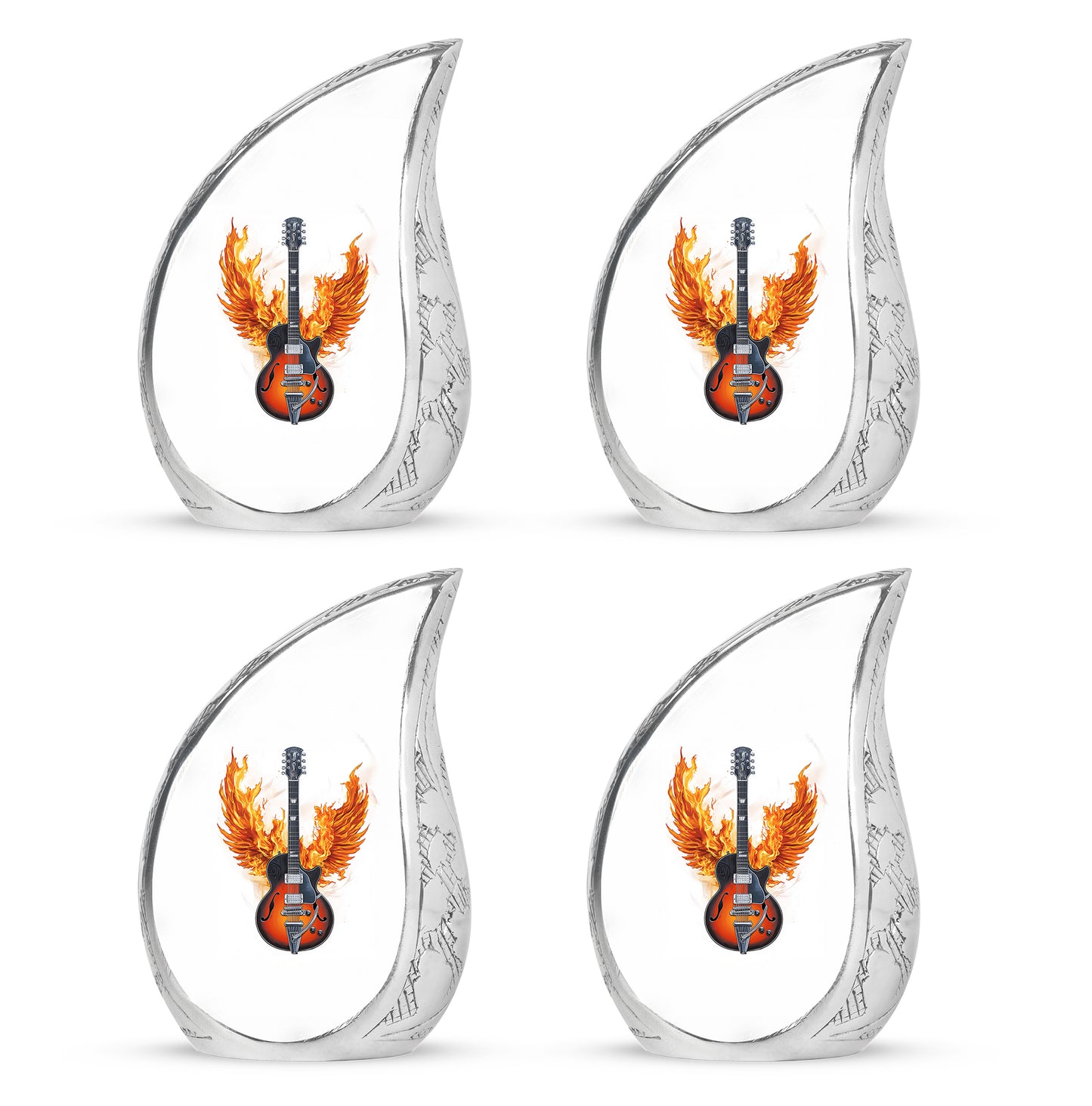 Gleaming Silver Guitar Cremation Urn close-up of engraving and surface detail - flowing teardrop guitar silhouette on curved aluminum - 10 inch aluminum urn for cremated remains