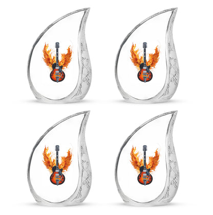 Gleaming Silver Guitar Cremation Urn close-up of engraving and surface detail - flowing teardrop guitar silhouette on curved aluminum - 10 inch aluminum urn for cremated remains