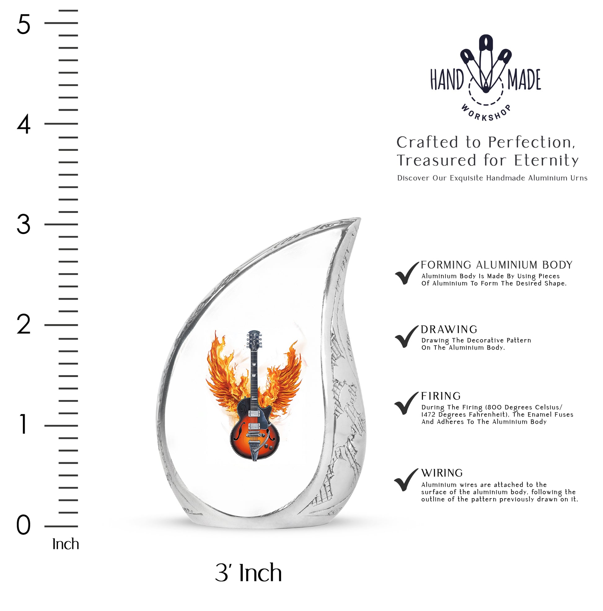 Brushed Silver Guitar Cremation Urn angled view of lid and engraved motif - rounded teardrop guitar design with delicate detail - mini keepsake memorial for portion of cremation ashes