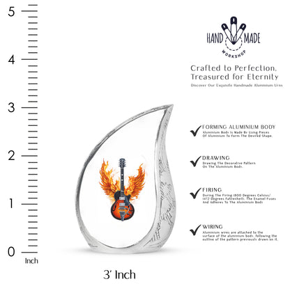 Brushed Silver Guitar Cremation Urn angled view of lid and engraved motif - rounded teardrop guitar design with delicate detail - mini keepsake memorial for portion of cremation ashes