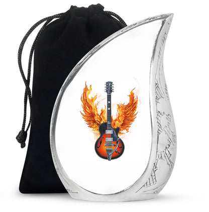 Moonlight Silver Guitar Cremation Urn front view showing detailed design - smooth teardrop contour featuring guitar art - full-size 10 inch 200 cubic inch adult cremation urn