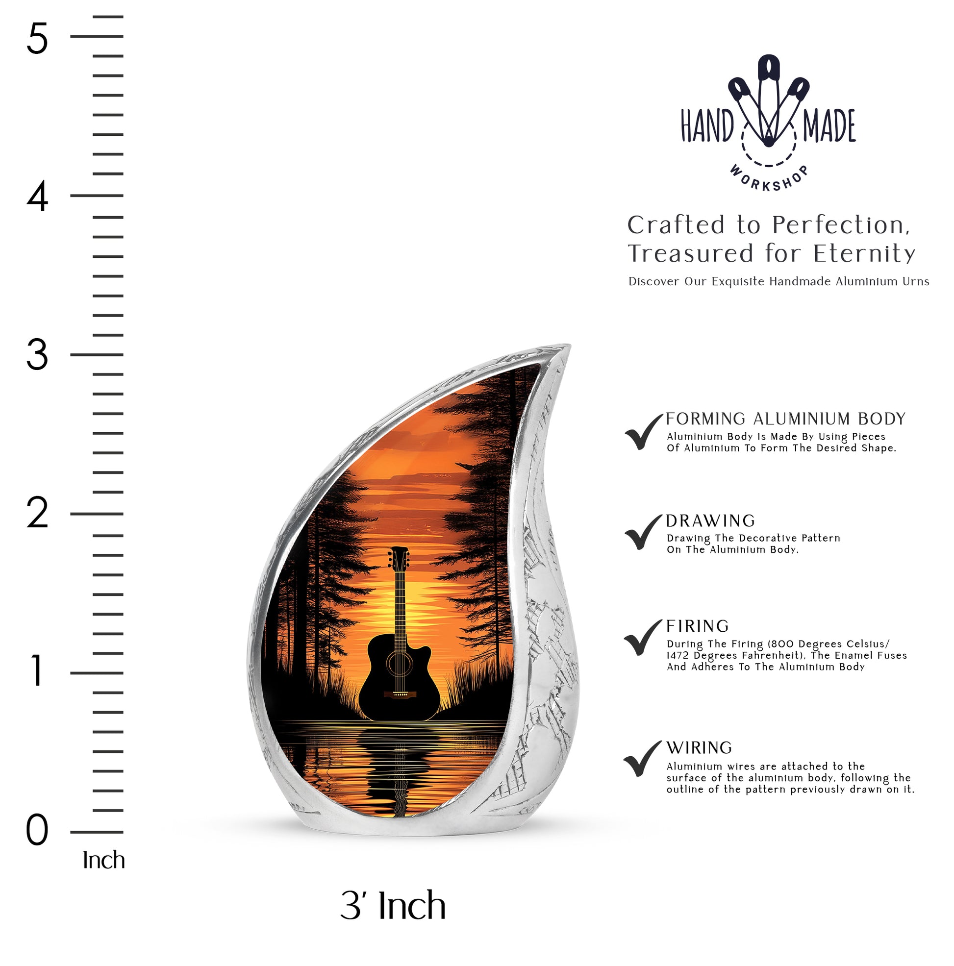 Onyx Black Guitar Cremation Urn angled view of lid and engraved motif - smooth teardrop contour featuring guitar art - mini keepsake memorial for portion of cremation ashes