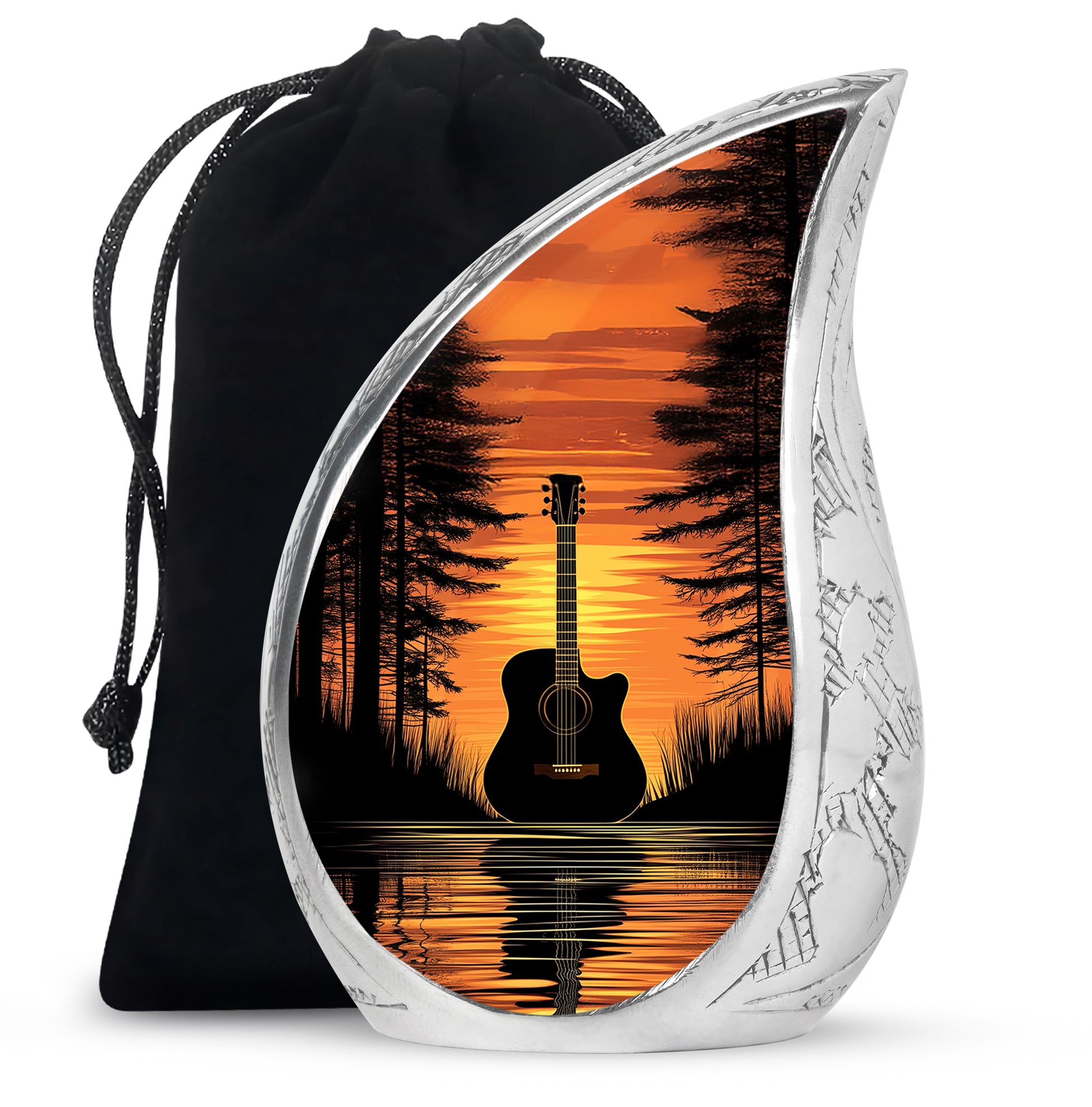 Onyx Black Guitar Cremation Urn front view showing detailed design - smooth teardrop contour featuring guitar art - full-size 10 inch 200 cubic inch adult cremation urn