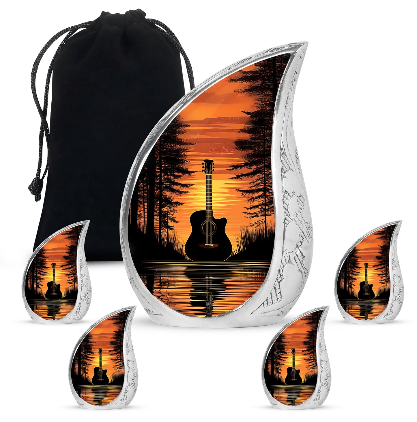 Ebony Guitar Cremation Urn side profile showing urn shape - rounded teardrop guitar design with delicate detail - memorial set with one large and four small urns