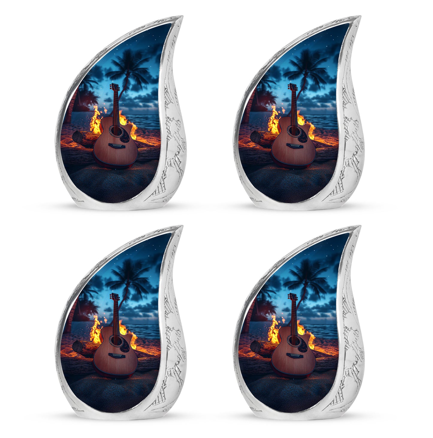 Indigo Guitar Cremation Urn close-up of engraving and surface detail - flowing teardrop guitar silhouette on curved aluminum - 10 inch aluminum urn for cremated remains