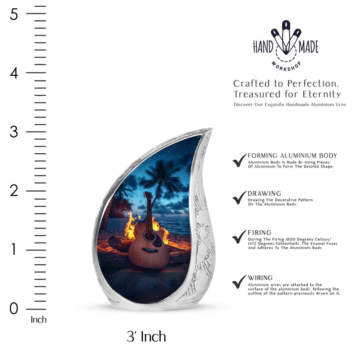 Azure Guitar Cremation Urn angled view of lid and engraved motif - rounded teardrop guitar design with delicate detail - mini keepsake memorial for portion of cremation ashes