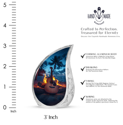Azure Guitar Cremation Urn angled view of lid and engraved motif - rounded teardrop guitar design with delicate detail - mini keepsake memorial for portion of cremation ashes