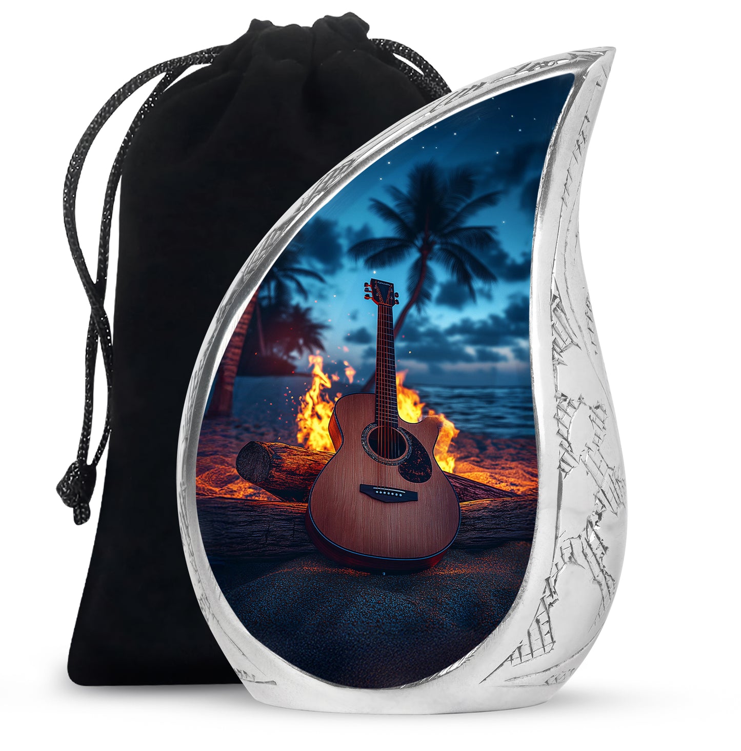 Bright Blue Guitar Cremation Urn front view showing detailed design - graceful tear-shaped urn with guitar motif - full-size 10 inch 200 cubic inch adult cremation urn