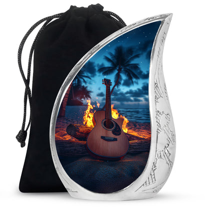 Bright Blue Guitar Cremation Urn front view showing detailed design - graceful tear-shaped urn with guitar motif - full-size 10 inch 200 cubic inch adult cremation urn