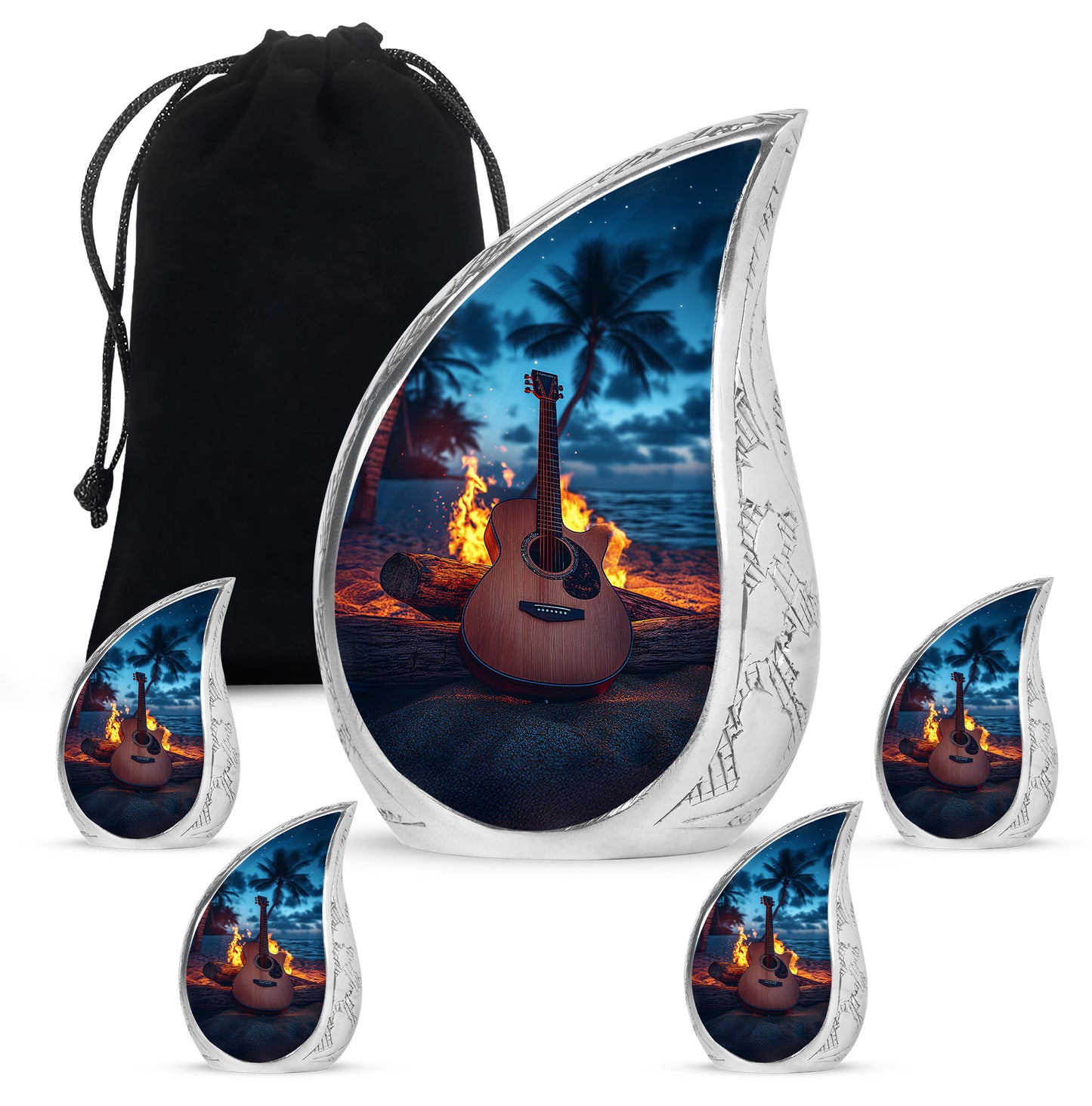 Vivid Blue Guitar Cremation Urn side profile showing urn shape - smooth teardrop contour featuring guitar art - memorial set with one large and four small urns