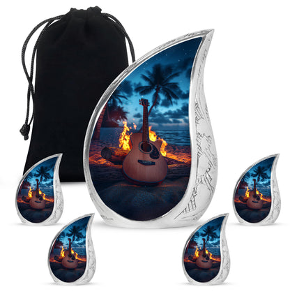 Vivid Blue Guitar Cremation Urn side profile showing urn shape - smooth teardrop contour featuring guitar art - memorial set with one large and four small urns