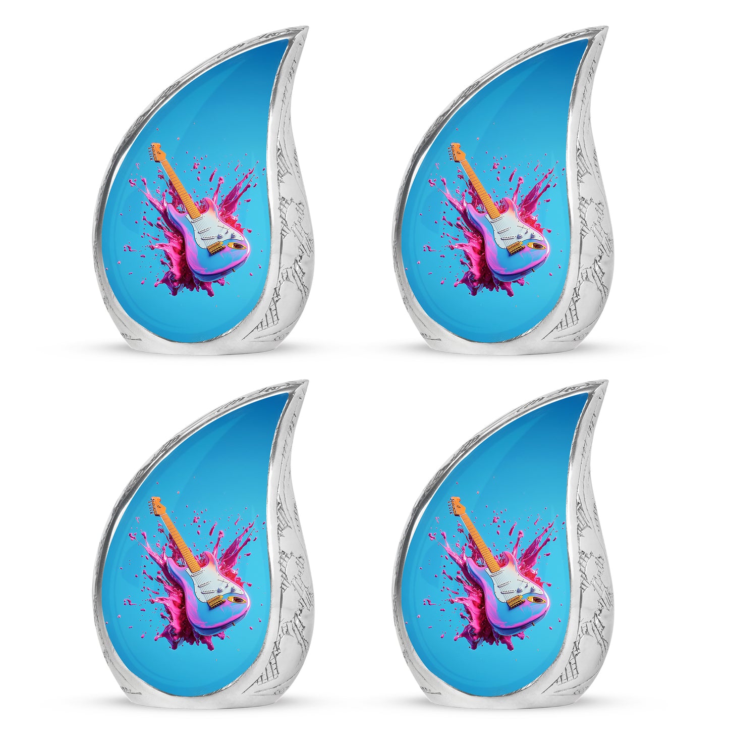 Cobalt Blue Guitar Cremation Urn close-up of engraving and surface detail - smooth teardrop contour featuring guitar art - 10 inch aluminum urn for cremated remains
