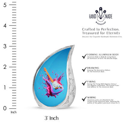 Serene Blue Guitar Cremation Urn angled view of lid and engraved motif - smooth teardrop contour featuring guitar art - mini keepsake memorial for portion of cremation ashes