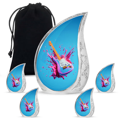 Icy Blue Guitar Cremation Urn side profile showing urn shape - flowing teardrop guitar silhouette on curved aluminum - memorial set with one large and four small urns