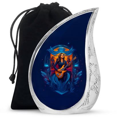 Navy Blue Guitar Cremation Urn front view showing detailed design - rounded teardrop guitar design with delicate detail - full-size 10 inch 200 cubic inch adult cremation urn