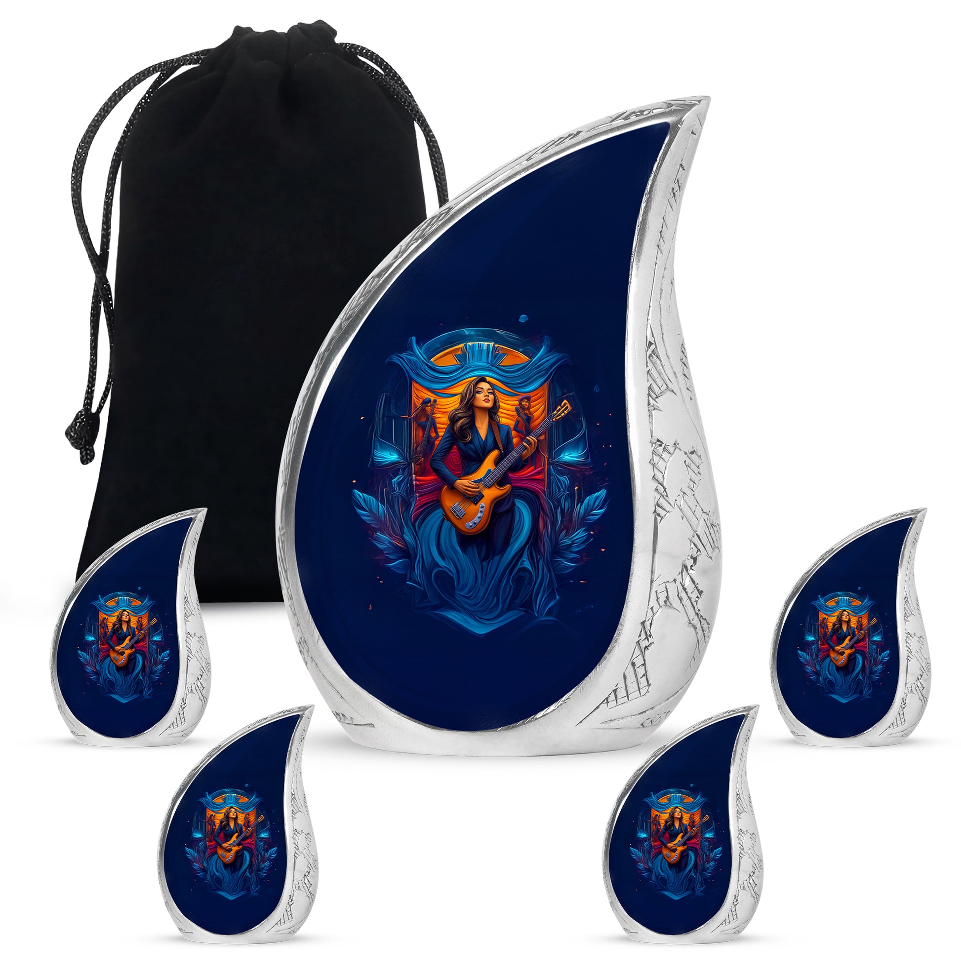 Cobalt Blue Guitar Cremation Urn side profile showing urn shape - graceful tear-shaped urn with guitar motif - memorial set with one large and four small urns