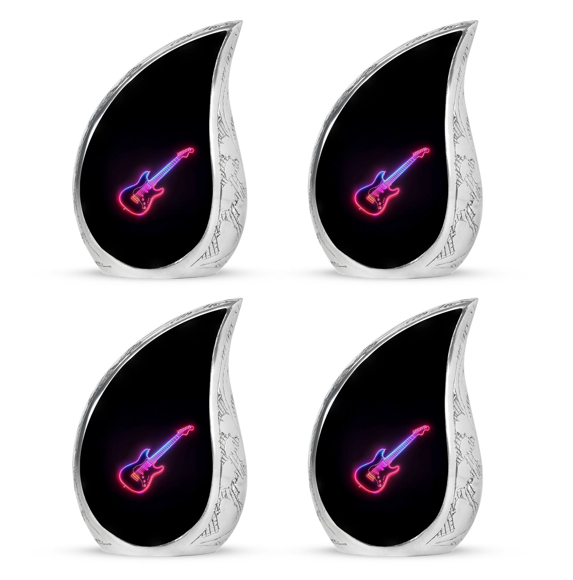 Glossy Black Guitar Cremation Urn close-up of engraving and surface detail - rounded teardrop guitar design with delicate detail - 10 inch aluminum urn for cremated remains