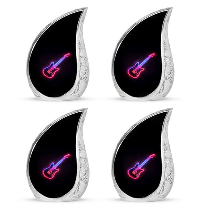 Glossy Black Guitar Cremation Urn close-up of engraving and surface detail - rounded teardrop guitar design with delicate detail - 10 inch aluminum urn for cremated remains