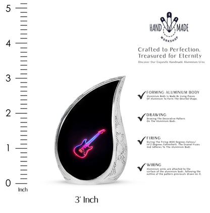 Midnight Black Guitar Cremation Urn angled view of lid and engraved motif - graceful tear-shaped urn with guitar motif - mini keepsake memorial for portion of cremation ashes