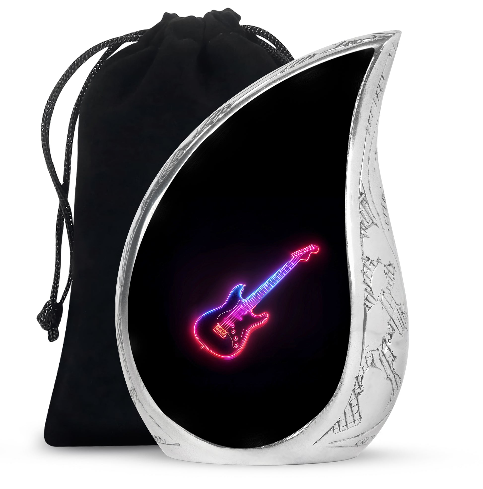 Dark Black Guitar Cremation Urn front view showing detailed design - graceful tear-shaped urn with guitar motif - full-size 10 inch 200 cubic inch adult cremation urn